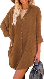 Astylish Women Casual Long Sleeve Button Down Oversized Corduroy Shirt Dress with Pocket